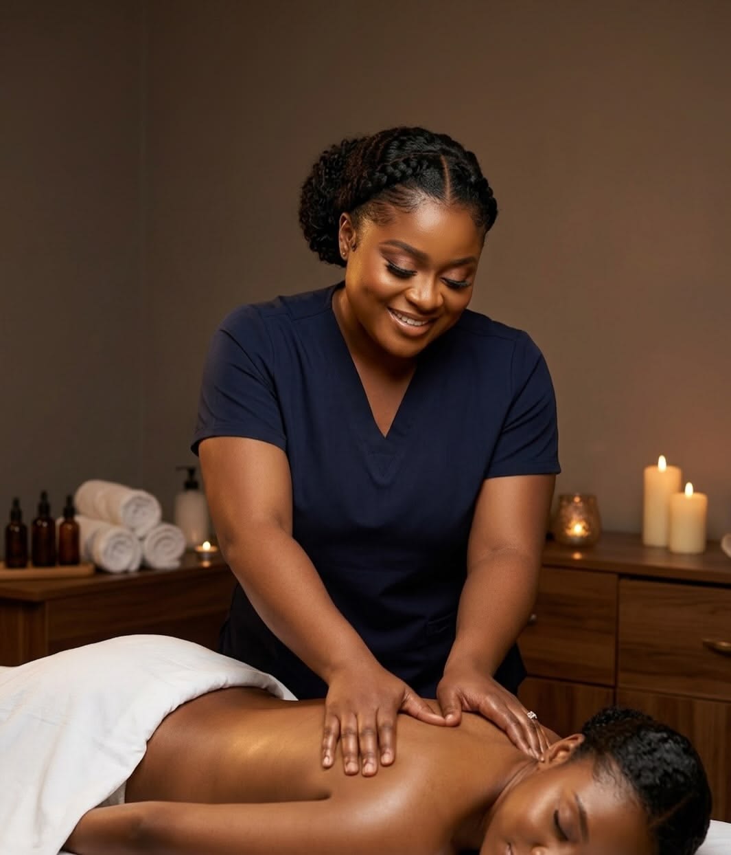 Massage therapist providing a relaxing back massage in a candlelit treatment room